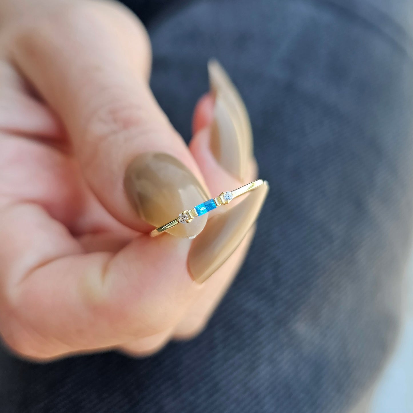 10K Gold Thin Baguette Sky Blue and Cz Ring - 2S6SKY