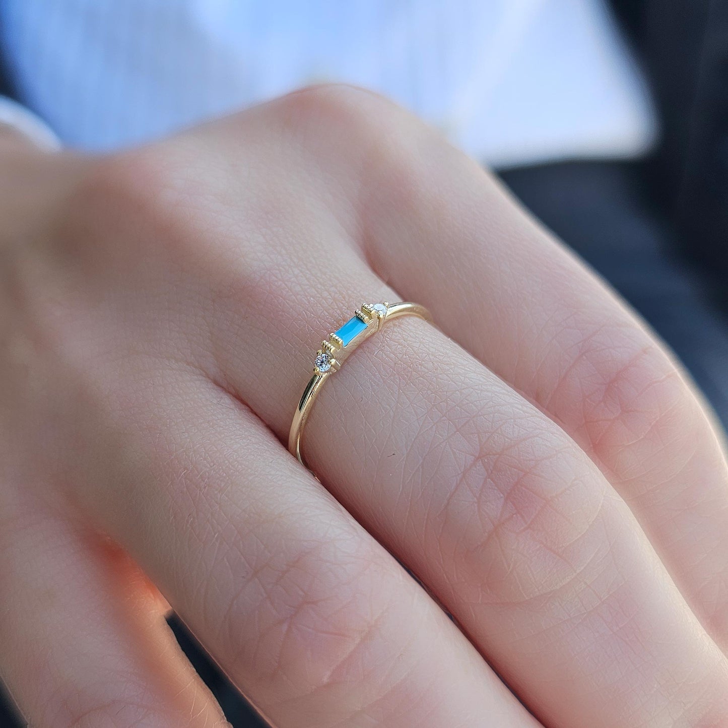 10K Gold Baguette Turquoise and Dainty Cz Ring - 2S6TURQ