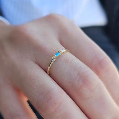 10K Gold Baguette Turquoise and Dainty Cz Ring - 2S6TURQ
