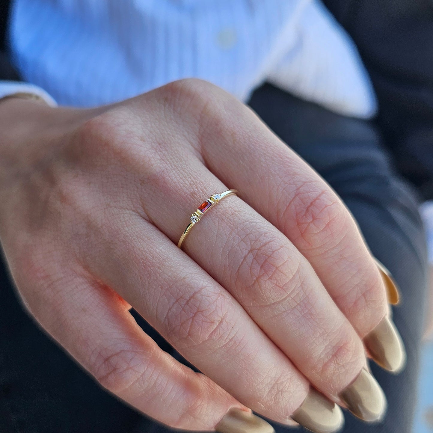 10K Gold Minimalist Garnet Baguette and Cz Ring - 2S6GAR