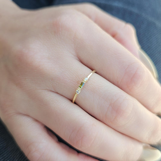 14K Gold Dainty Baguette Peridot and Diamond Ring - 2S6PER