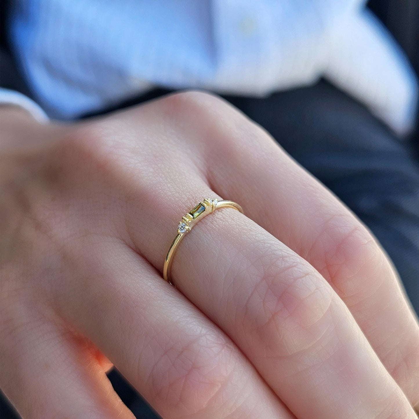 14K Gold Dainty Baguette Peridot and Diamond Ring - 2S6PER