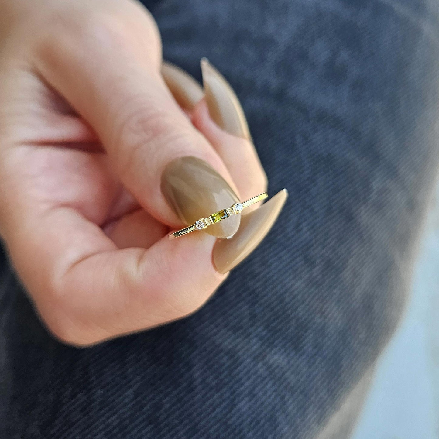 14K Gold Dainty Baguette Peridot and Diamond Ring - 2S6PER
