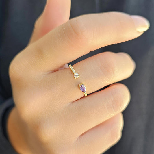 10K Gold Amethyst Pear and Cz Open Ring - 2S74AME