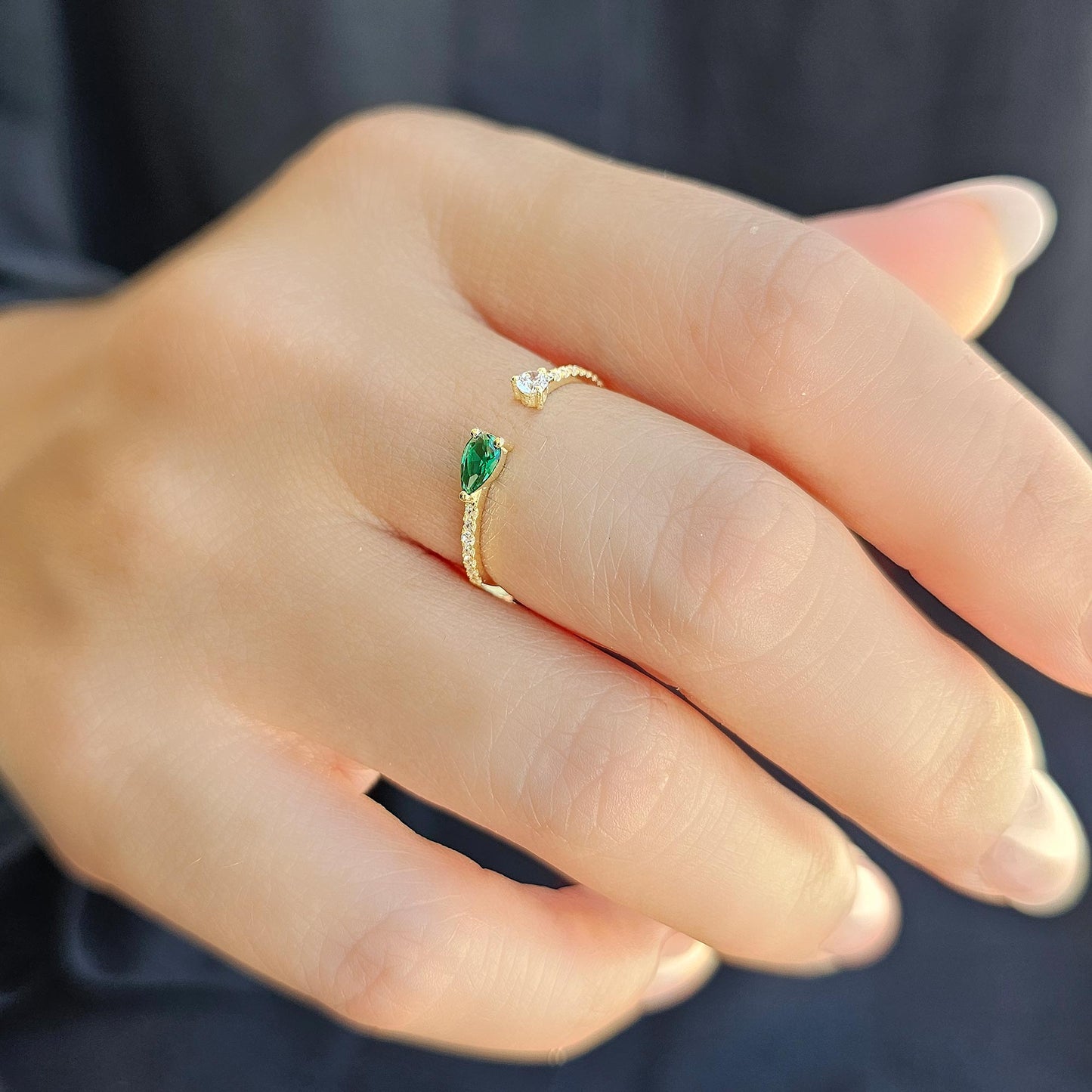 10K Gold Pear Cut Emerald and Diamond Open Ring - 2S74EME