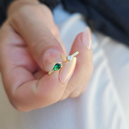 10K Gold Pear Cut Emerald and Diamond Open Ring - 2S74EME