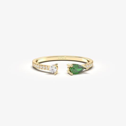 10K Gold Pear Cut Emerald and Cz Open Ring - 2S74EME