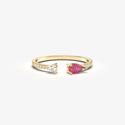 10K Gold Pear Cut Ruby and Cz Open Ring - 2S74RBY