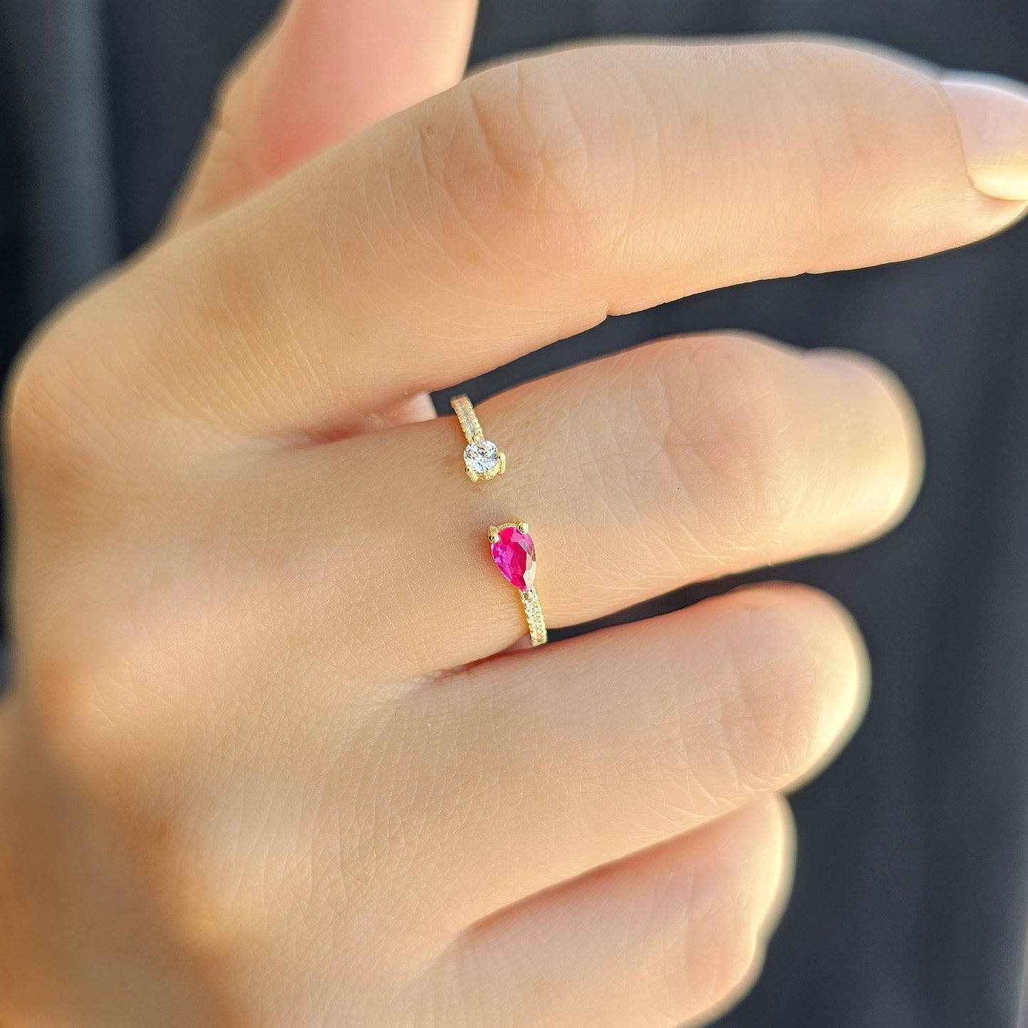 10K Gold Pear Cut Ruby and Cz Open Ring - 2S74RBY