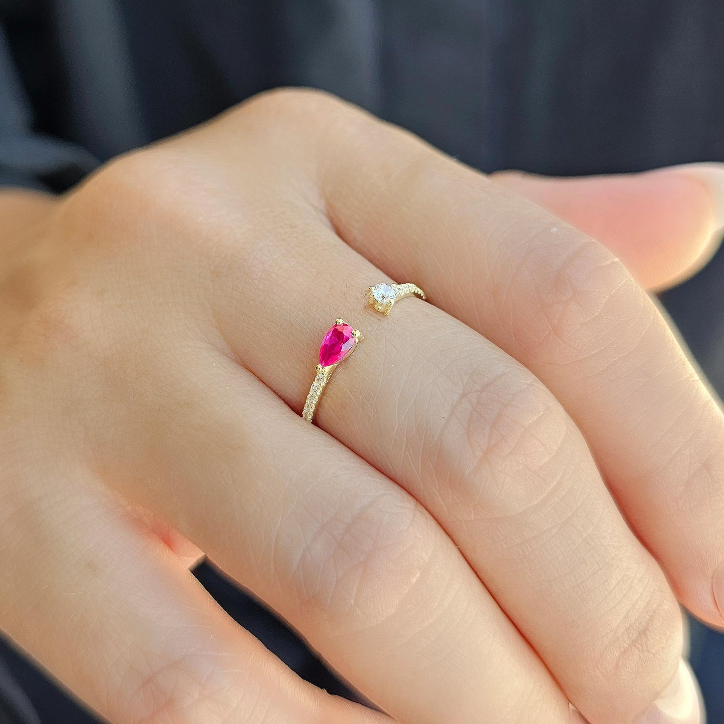 10K Gold Pear Cut Ruby and Cz Open Ring - 2S74RBY