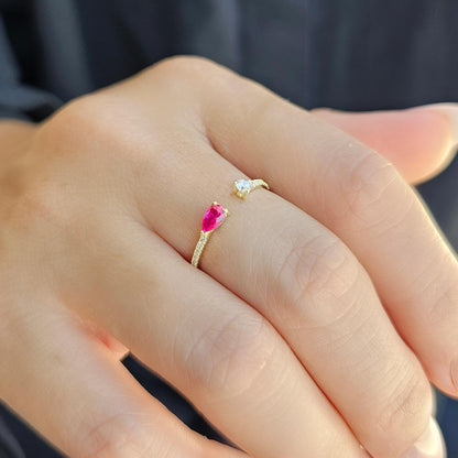 10K Gold Pear Cut Ruby and Cz Open Ring - 2S74RBY