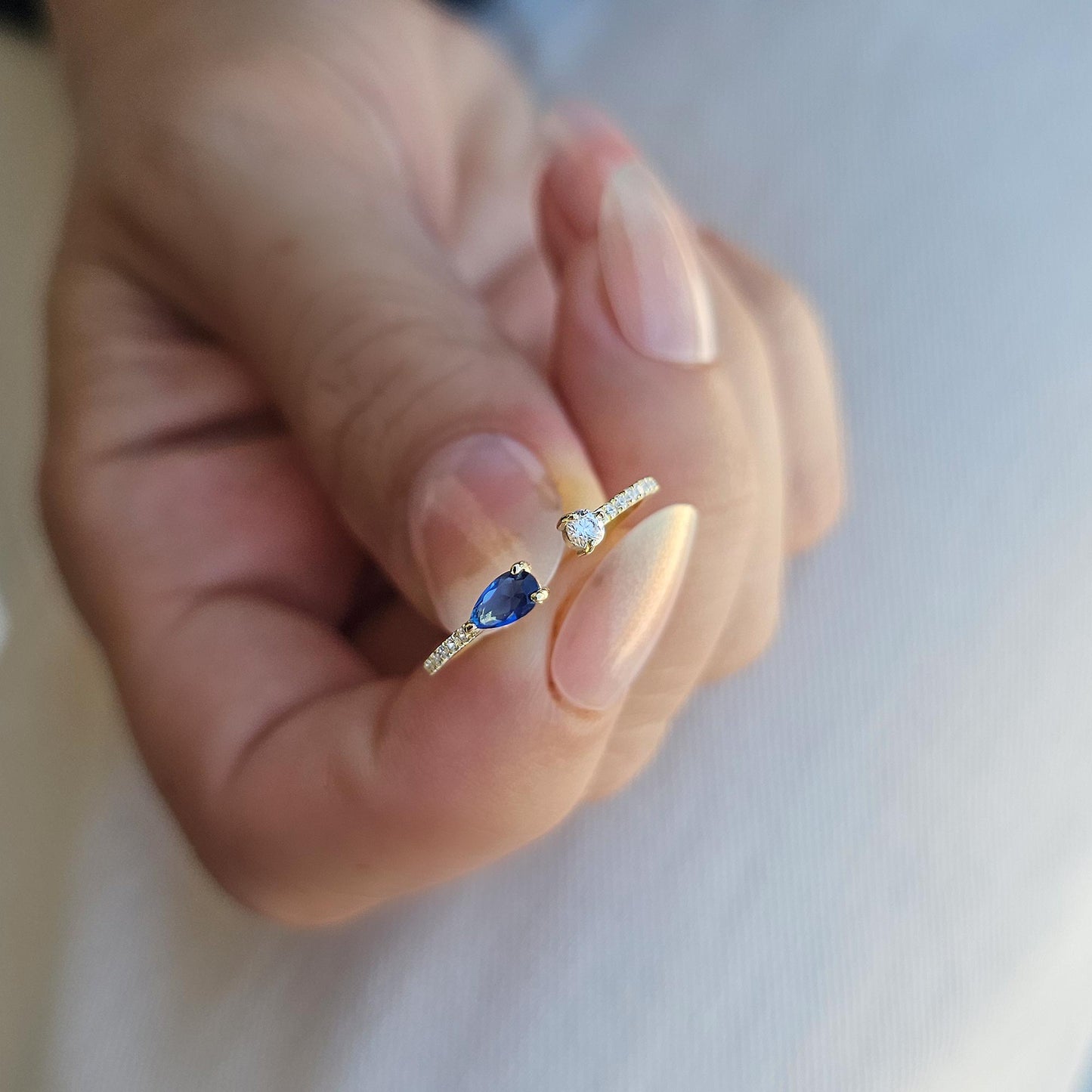 10K Gold Sapphire Pear and Cz Open Ring - 2S74SAP