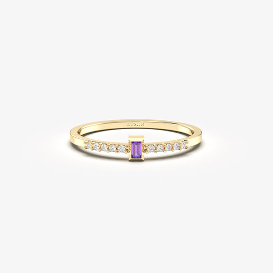 10K Gold Unique Baguette Amethyst and Cz Ring - 2S80AME
