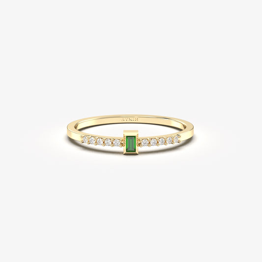 10K Solid Gold Baguette Emerald and Cz Ring - 2S80EME