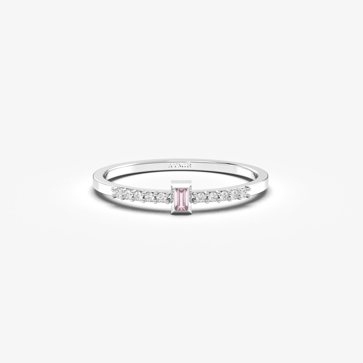 18K Solid Gold Baguette Pink and Cz Ring - 2S80PNK