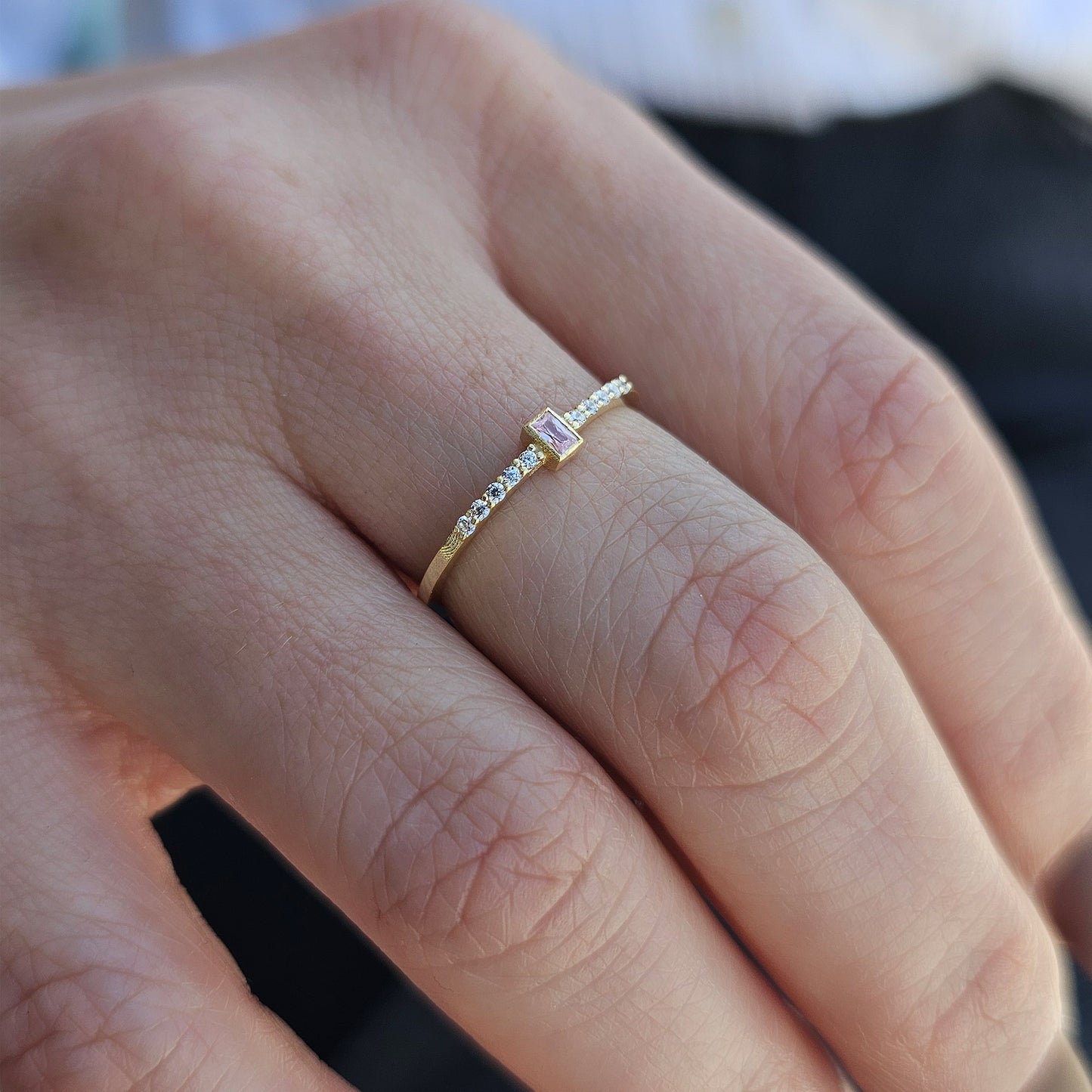 18K Solid Gold Baguette Pink and Cz Ring - 2S80PNK