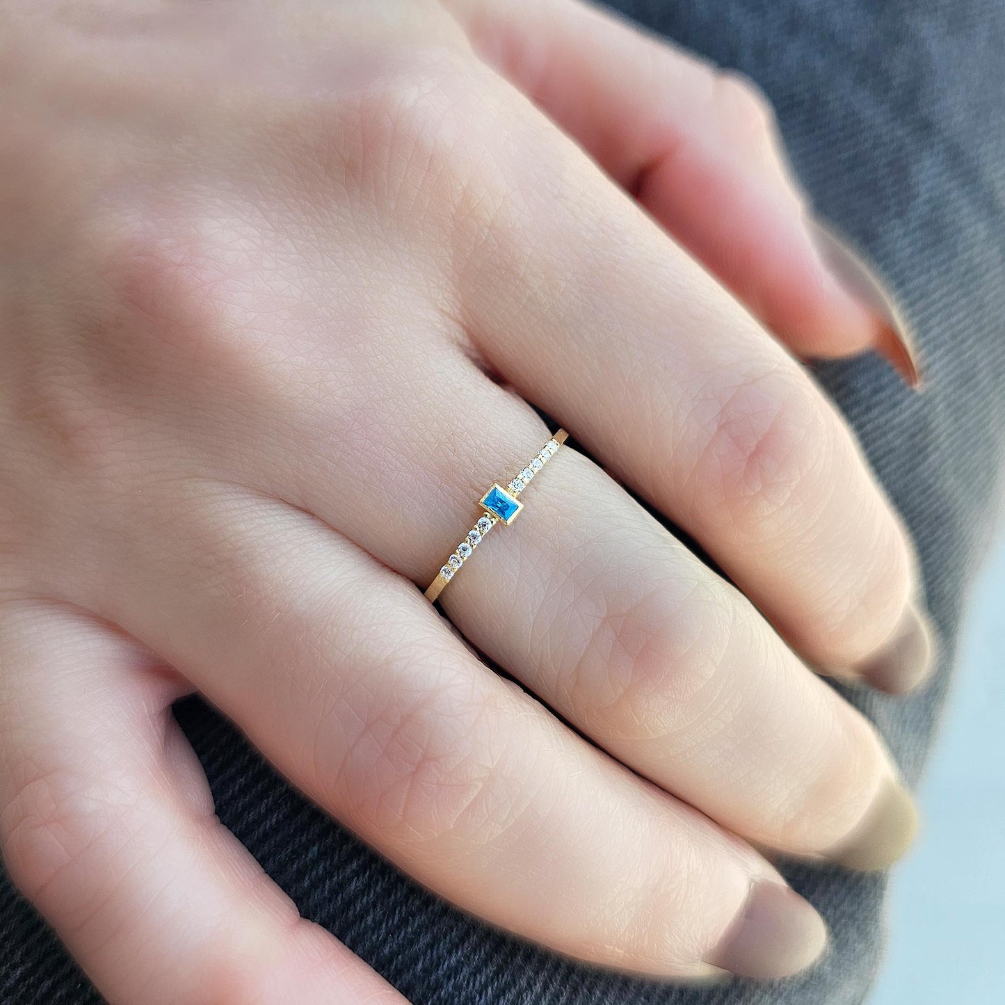 10K Gold Minimalist Sky Blue Baguette and Diamond Ring - 2S80SKY
