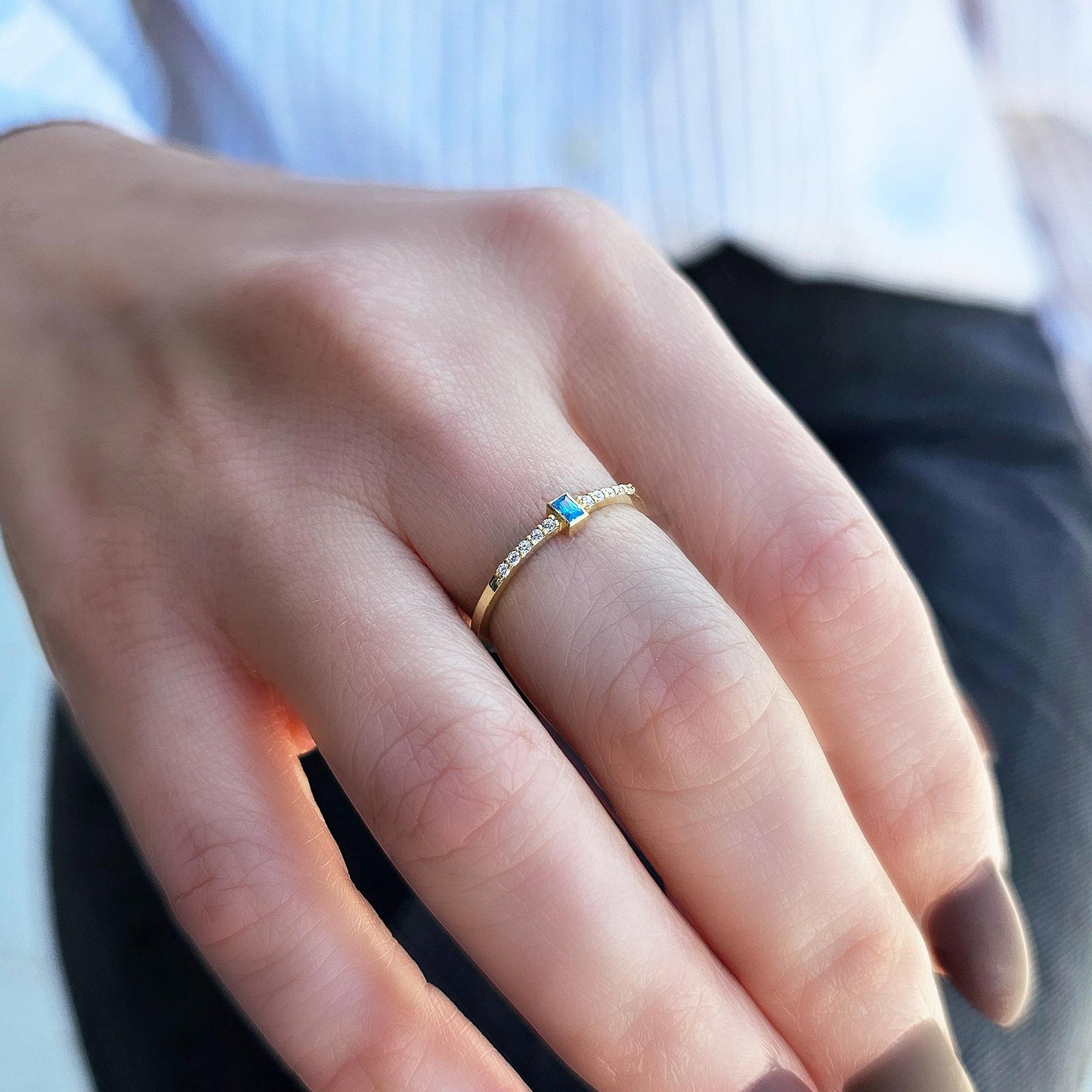 10K Gold Minimalist Sky Blue Baguette and Diamond Ring - 2S80SKY