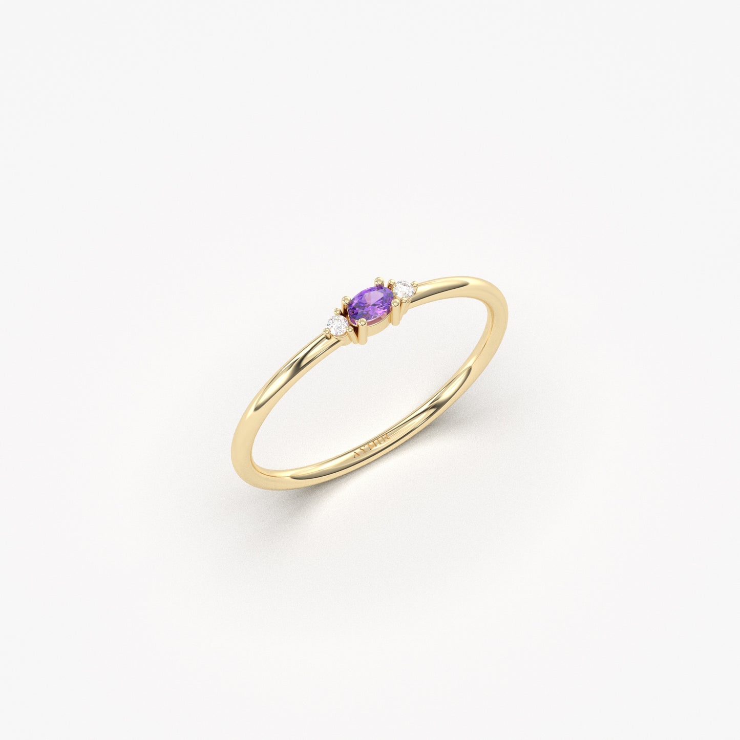 18K Gold Dainty Ametist Oval and Diamond Ring - 2S84AME