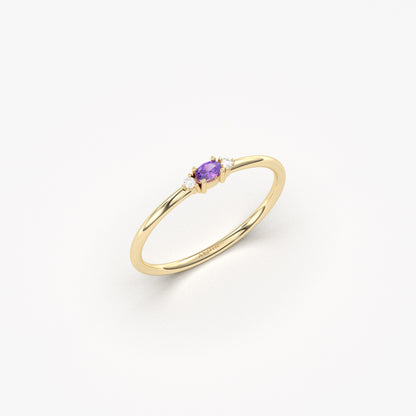 18K Gold Dainty Ametist Oval and Diamond Ring - 2S84AME
