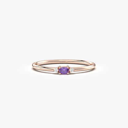 18K Gold Dainty Ametist Oval and Diamond Ring - 2S84AME