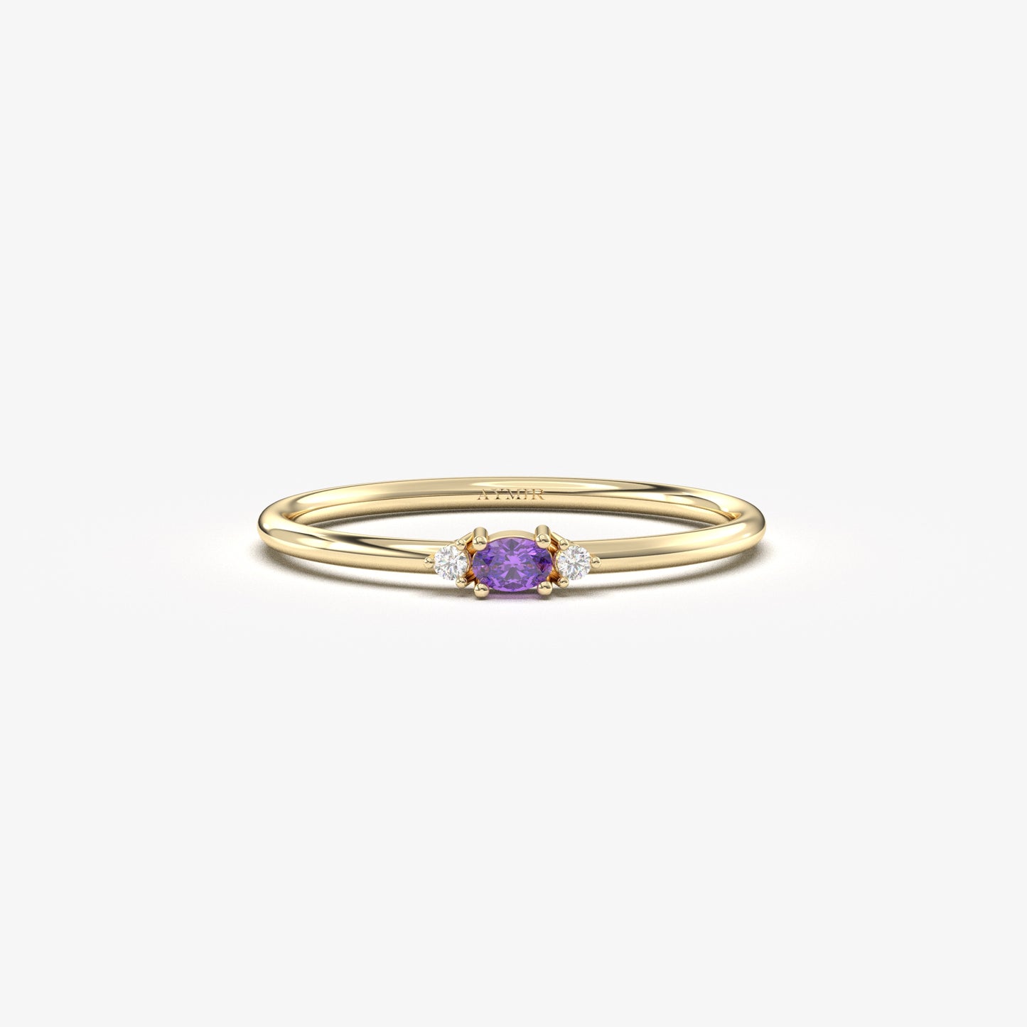 18K Gold Dainty Ametist Oval and Diamond Ring - 2S84AME