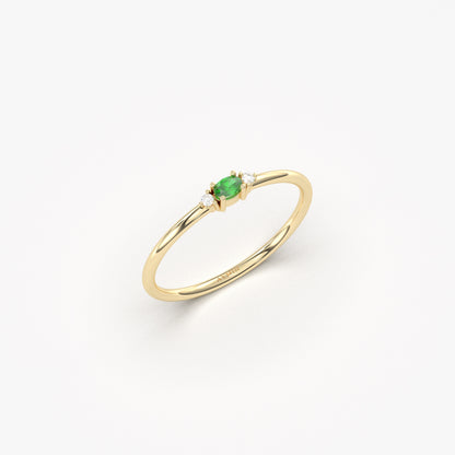 14K Gold Emerald Oval and Diamond Minimalist Ring - 2S84EME