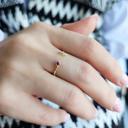 14K Solid Gold Princess Ruby and Diamond Open Ring - 2S174RBY