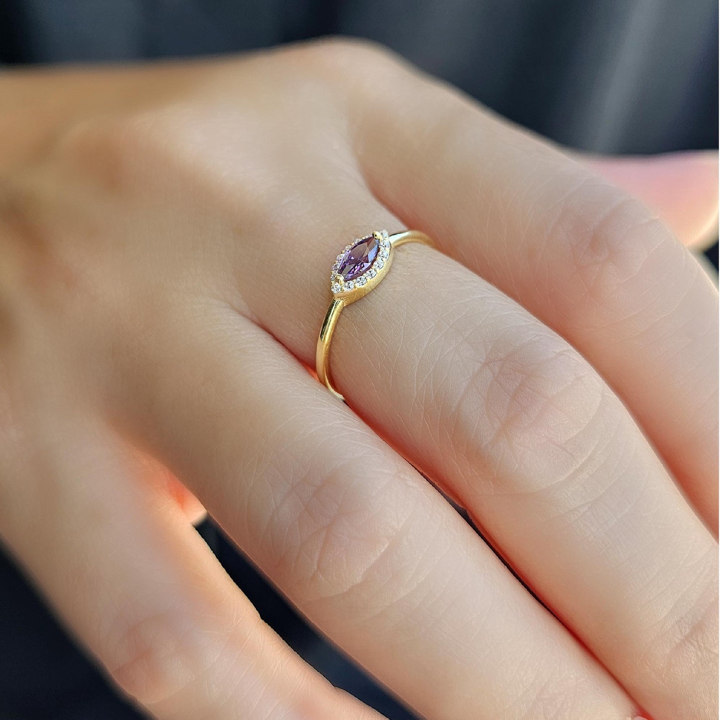 10K Gold Minimalist Marquise Amethyst and Cz Ring - 8S100AME