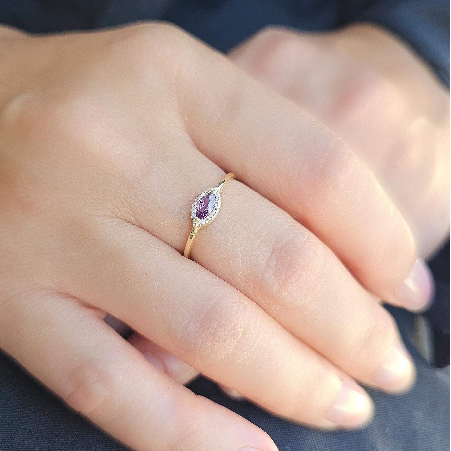 10K Gold Minimalist Marquise Amethyst and Cz Ring - 8S100AME