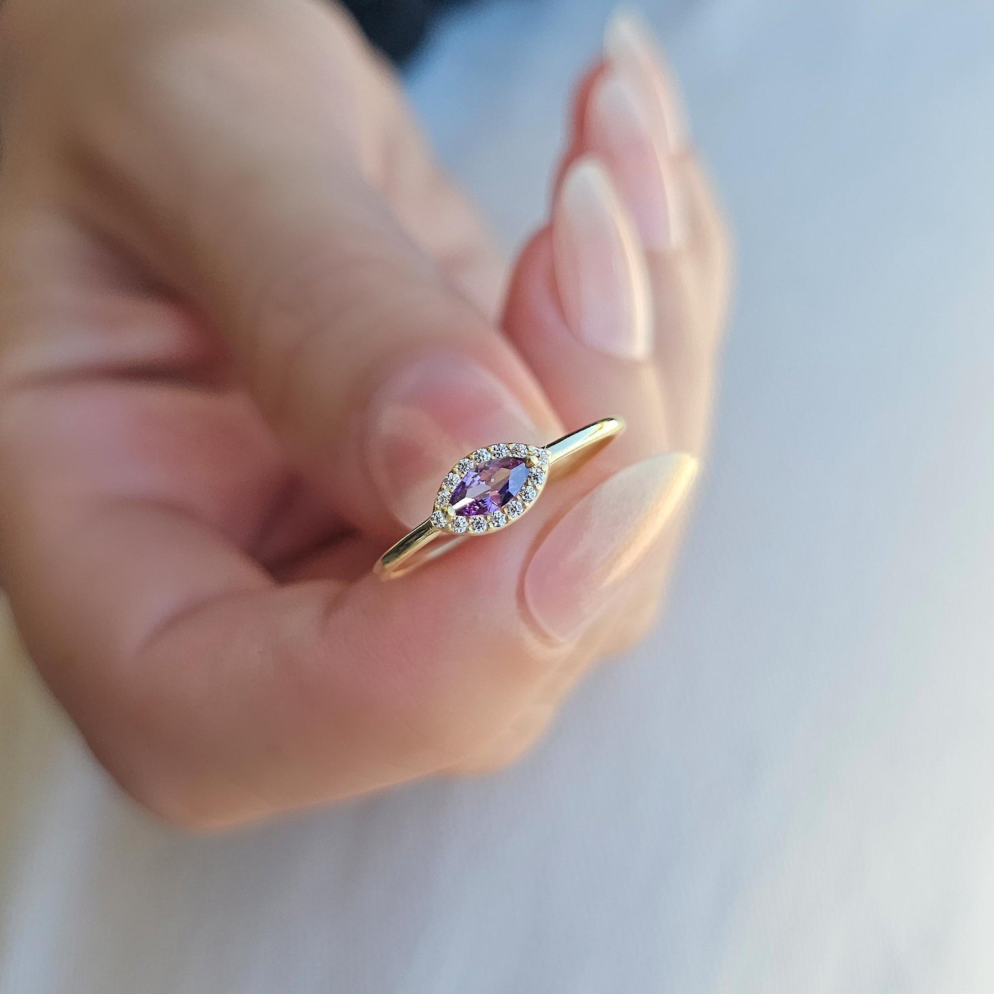 10K Gold Minimalist Marquise Amethyst and Cz Ring - 8S100AME