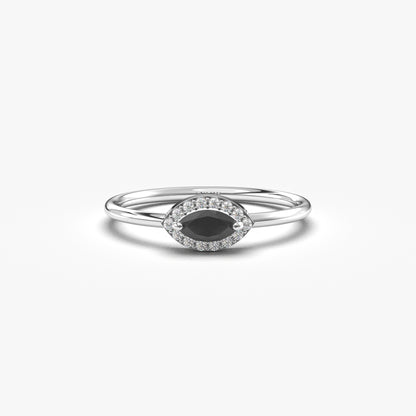 14K Gold Dainty Marquise Black Onyx and Diamond Ring - 8S100BLK