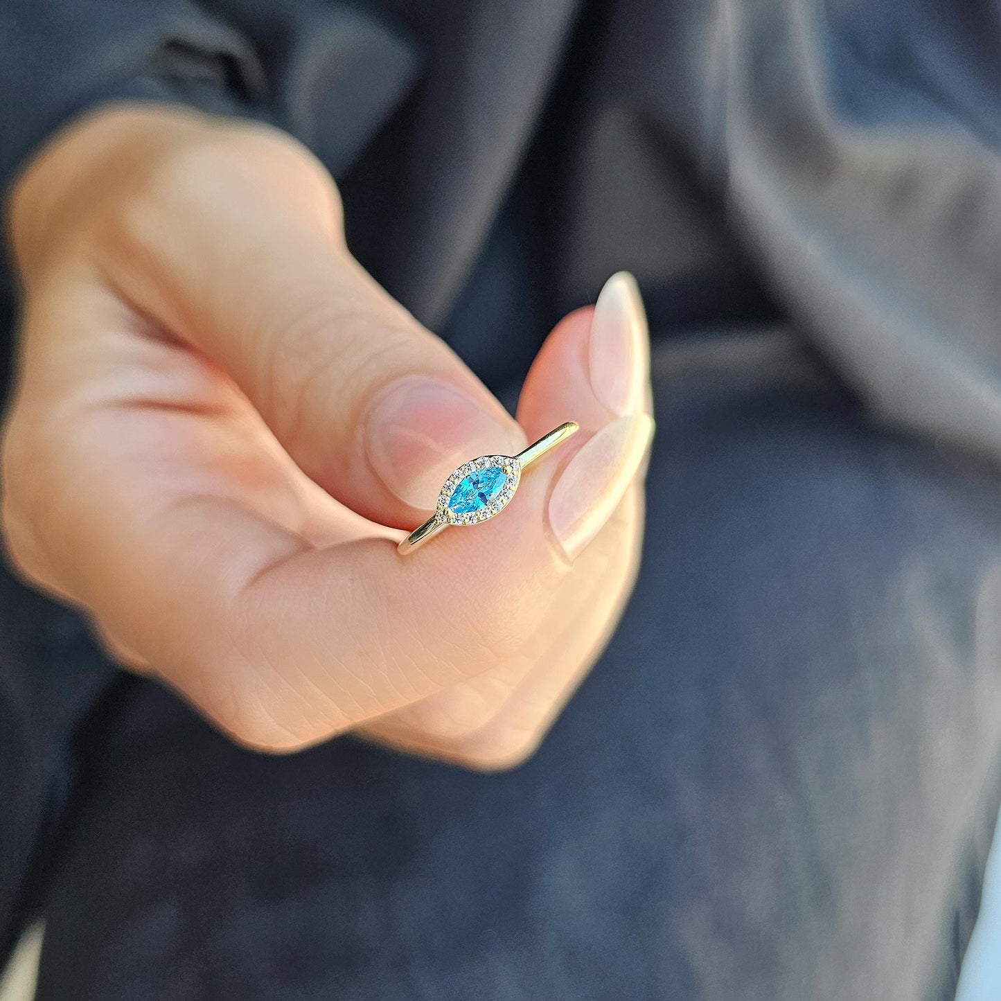 10K Gold Marquise Sky Blue and Diamond Ring - 8S100SKY