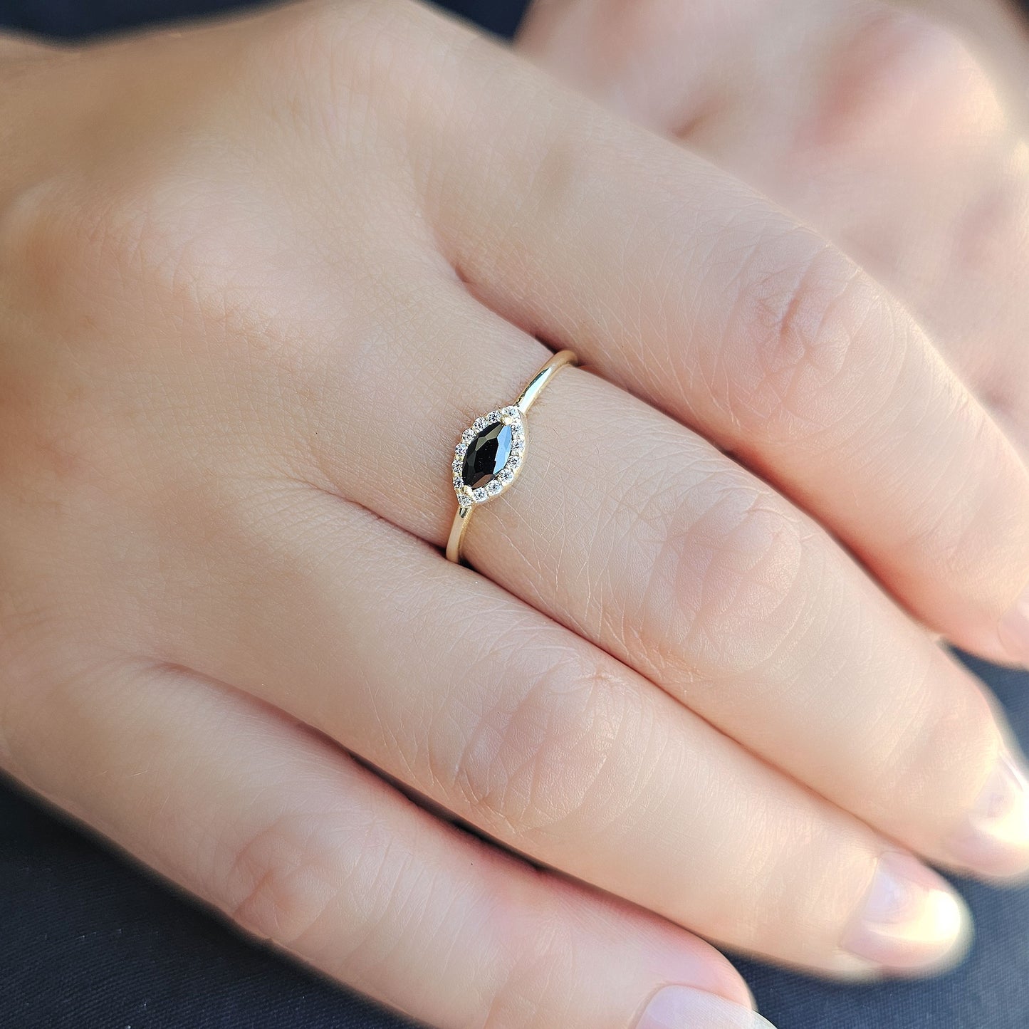 14K Gold Dainty Marquise Black Onyx and Diamond Ring - 8S100BLK