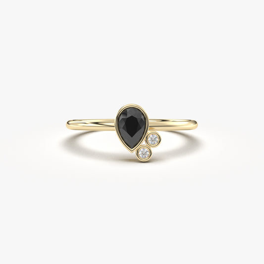 10K Gold Dainty Black Onyx Pear and Diamond Ring - 8S114BLK