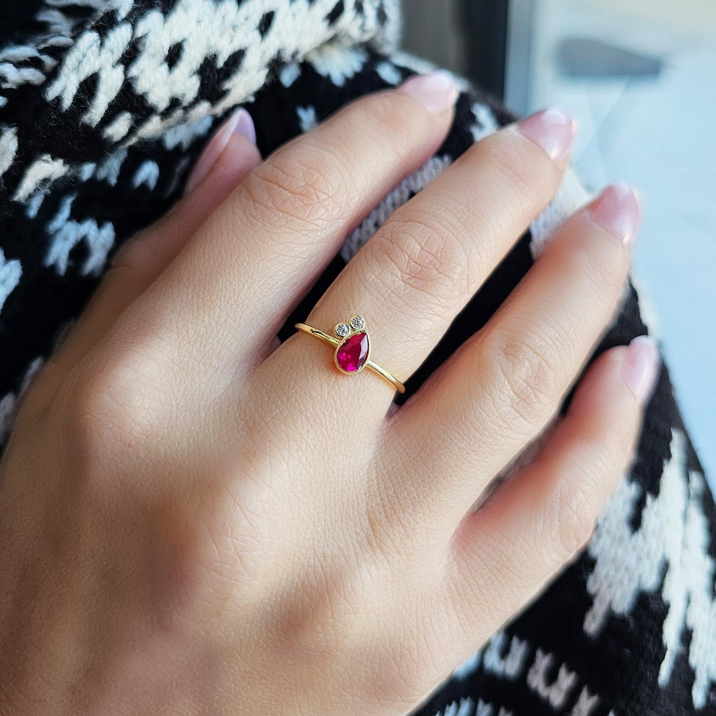 10K Gold Ruby Pear Unique and Cz Ring - 8S114RBY