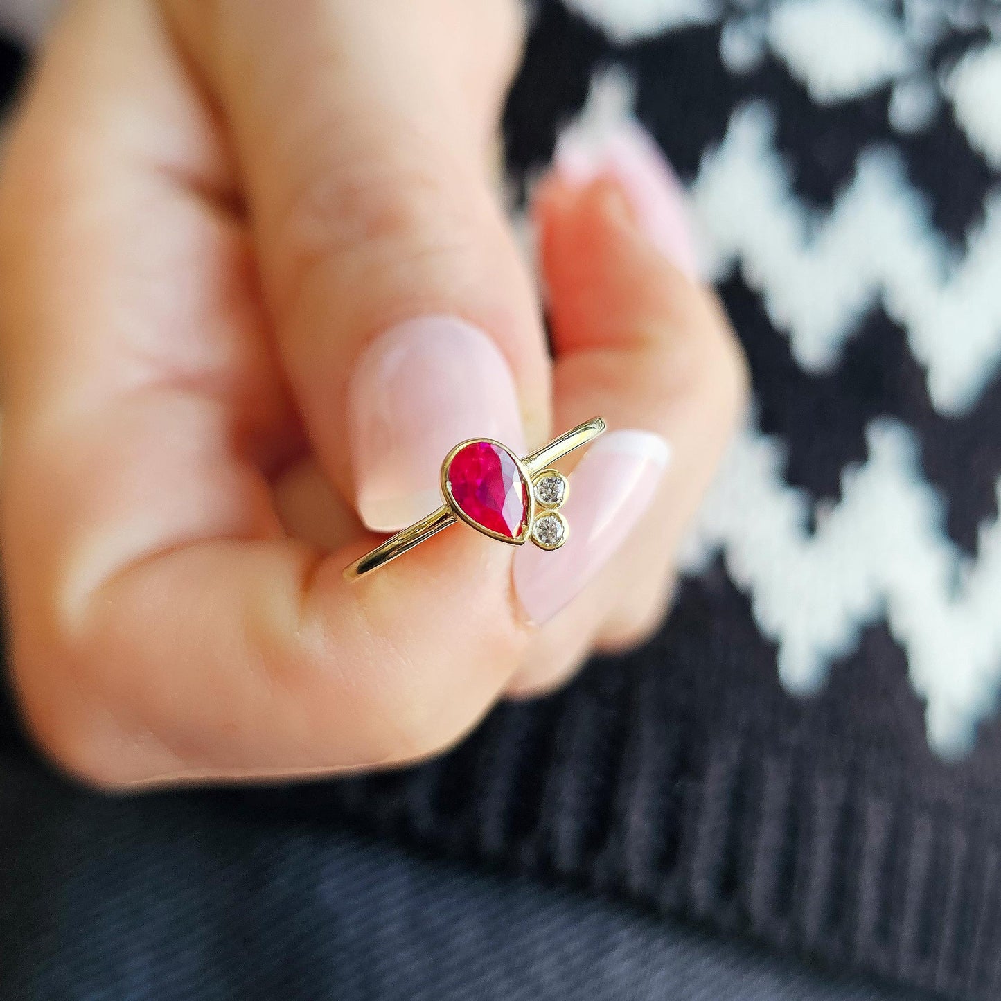 10K Gold Ruby Pear Unique and Cz Ring - 8S114RBY