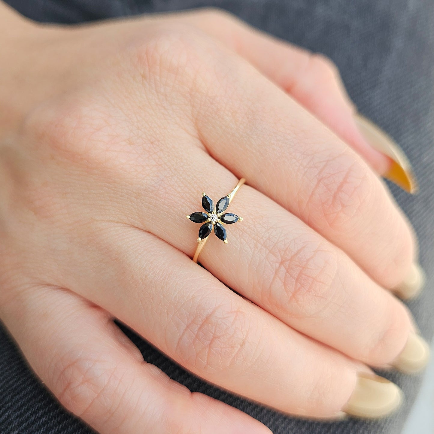 14K Gold Flower Black Onyx Diamond Ring - 8S132BLK