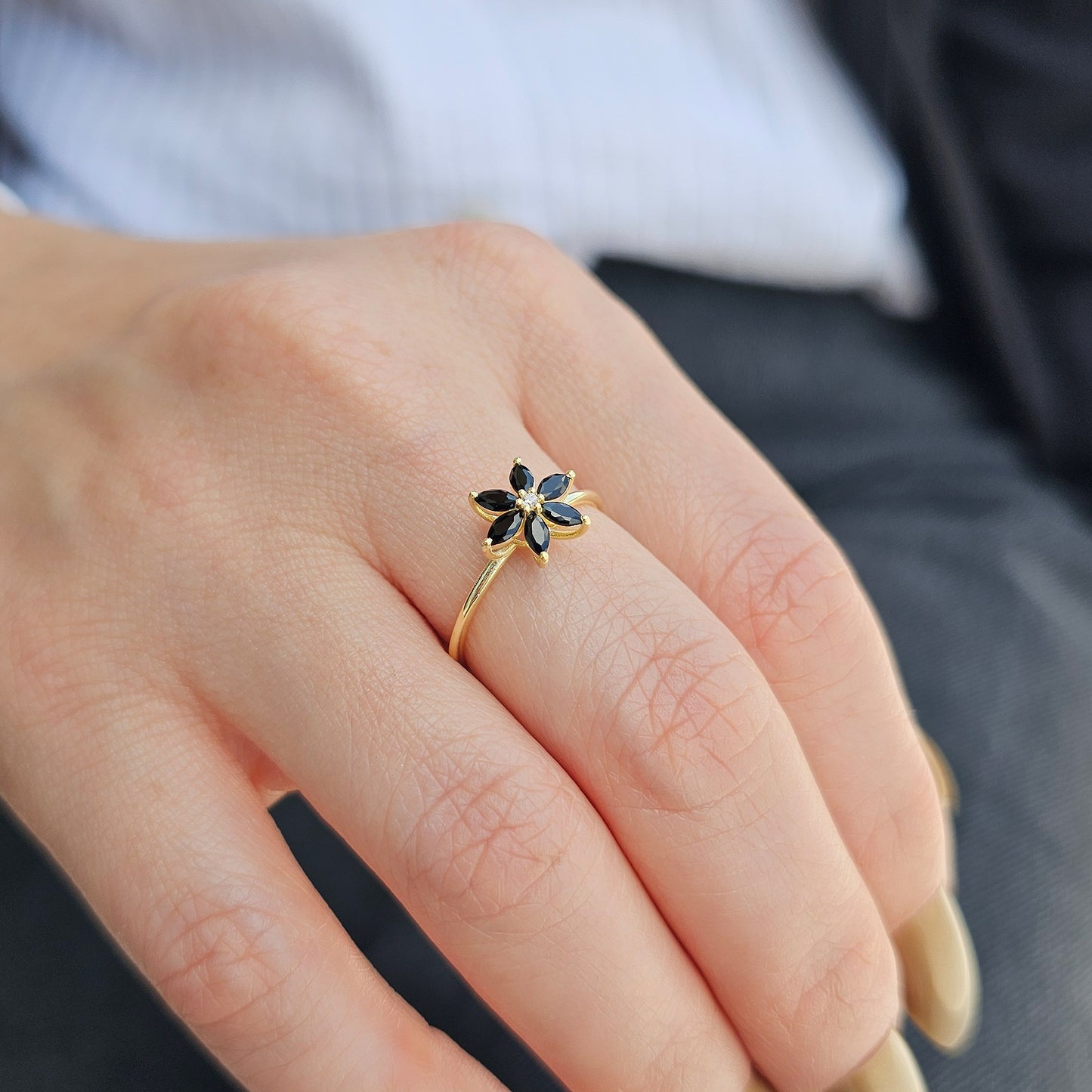 14K Gold Flower Black Onyx Diamond Ring - 8S132BLK