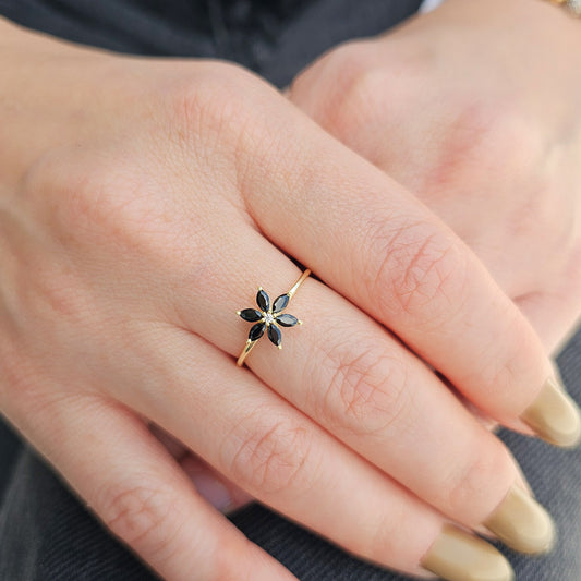 10K Gold Flower Black Onyx Diamond Ring - 8S132BLK