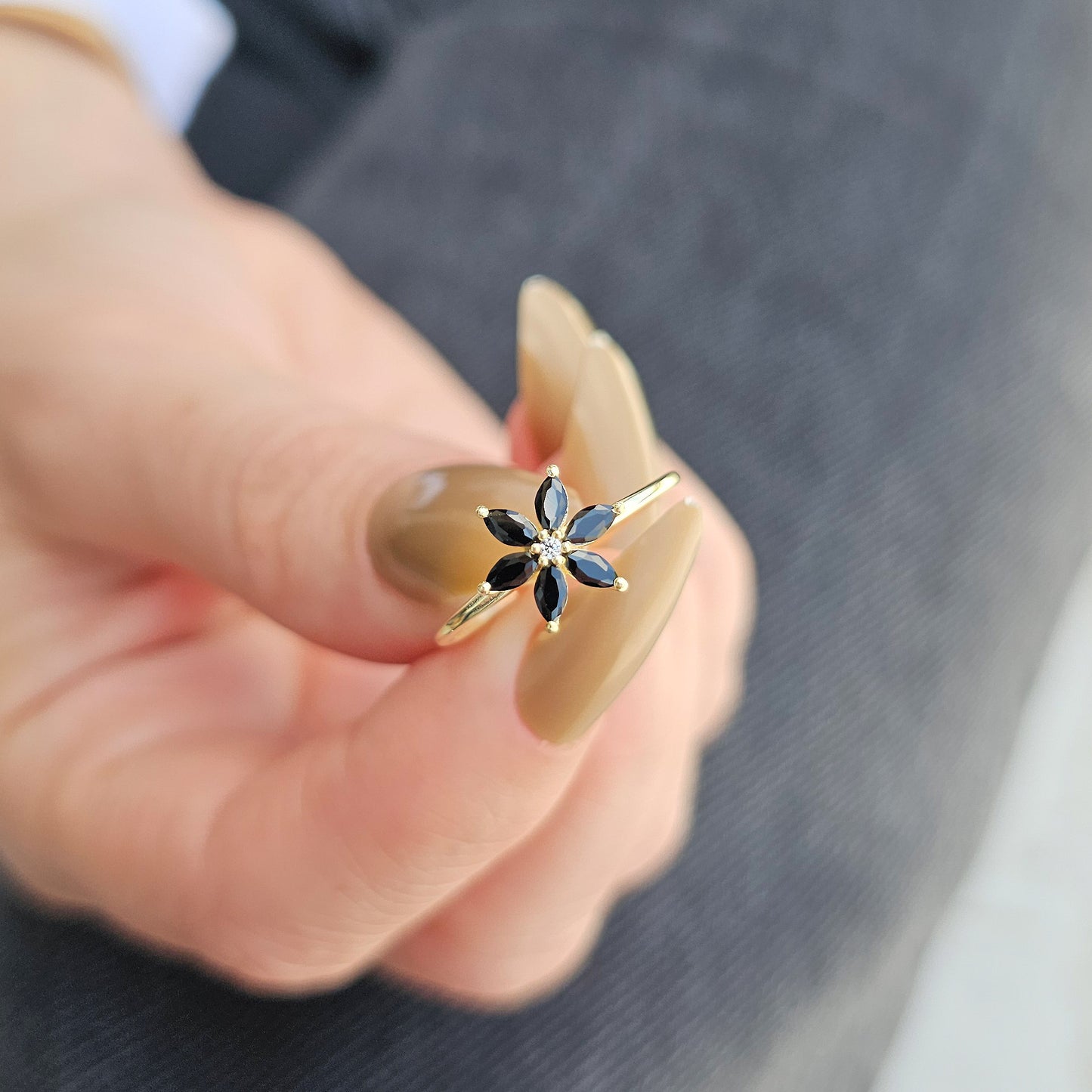 14K Gold Flower Black Onyx Diamond Ring - 8S132BLK