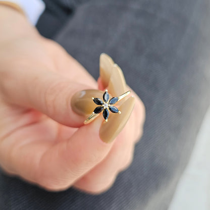 14K Gold Flower Black Onyx Diamond Ring - 8S132BLK