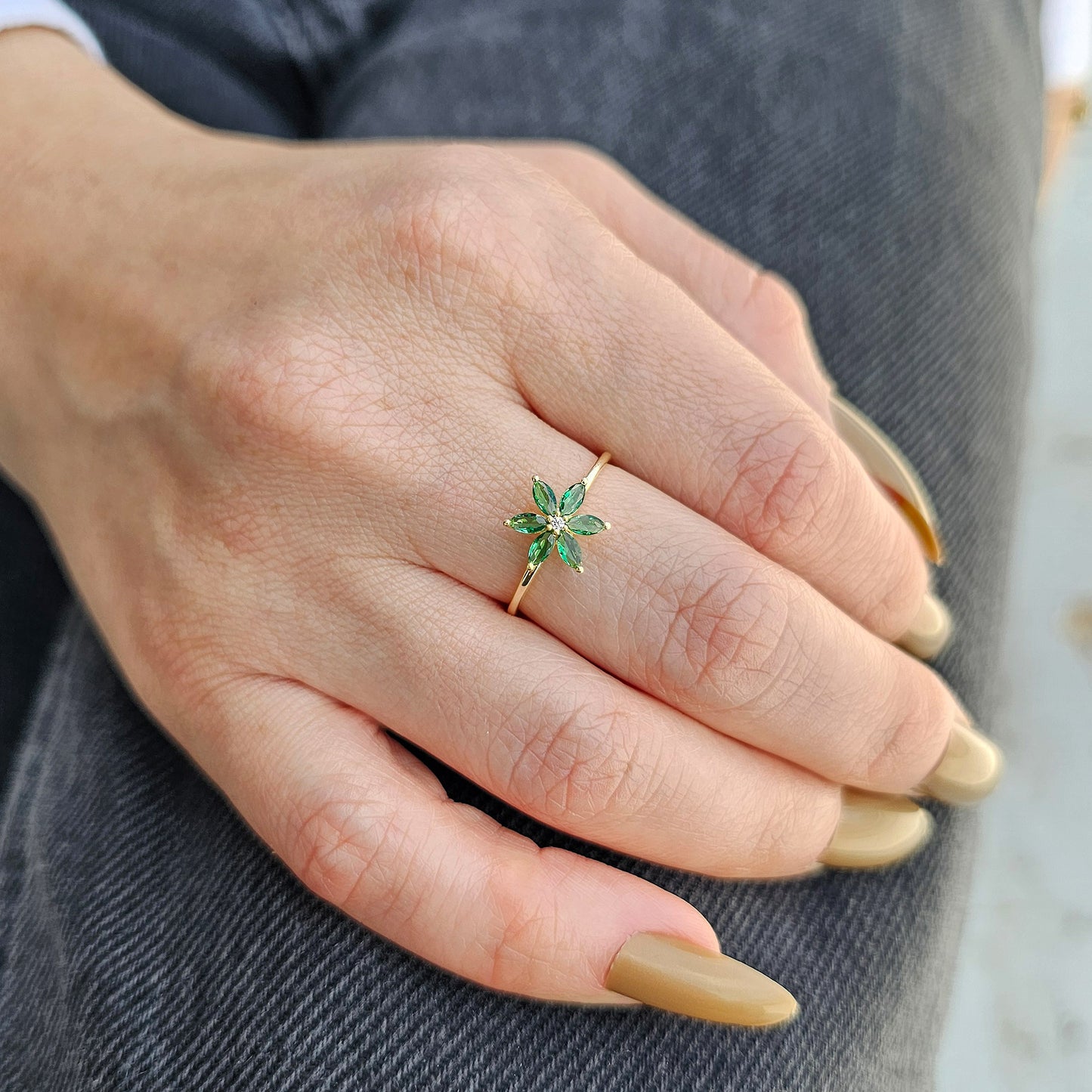 10K Gold Floral Emerald and Diamond Ring - 8S132EME