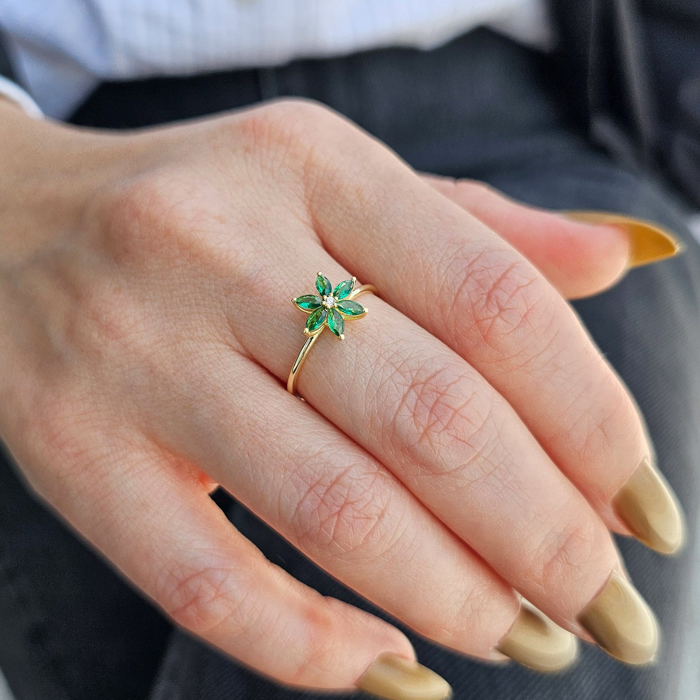 10K Gold Floral Emerald and Diamond Ring - 8S132EME