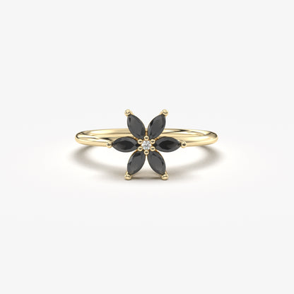 14K Gold Flower Black Onyx Diamond Ring - 8S132BLK