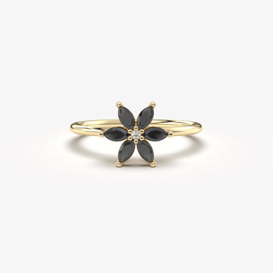 10K Gold Flower Black Onyx Diamond Ring - 8S132BLK