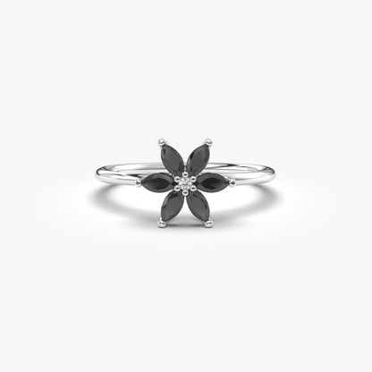 14K Gold Flower Black Onyx Diamond Ring - 8S132BLK