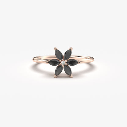 14K Gold Flower Black Onyx Diamond Ring - 8S132BLK