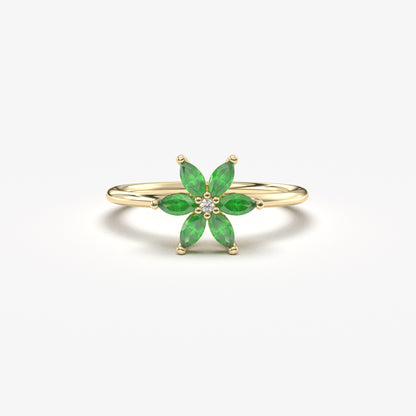 10K Gold Floral Emerald and Diamond Ring - 8S132EME