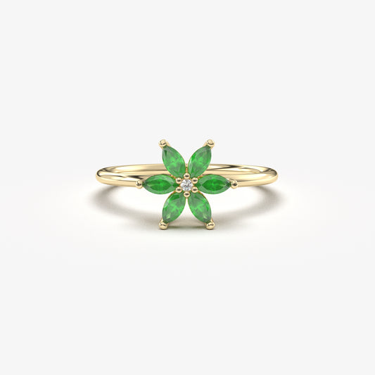 10K Gold Floral Emerald and Diamond Ring - 8S132EME